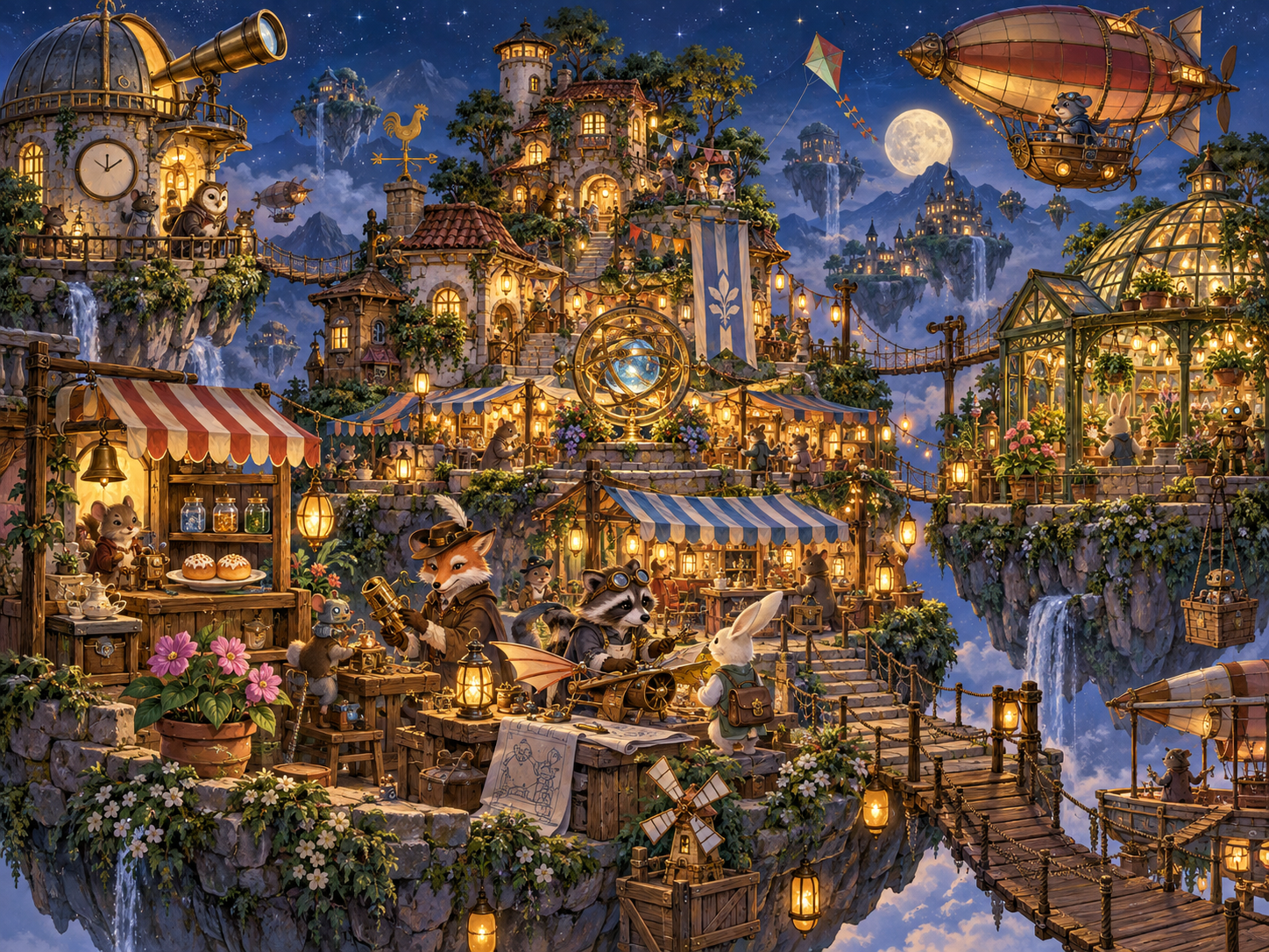 A richly detailed floating night market with animal inventors and airships
